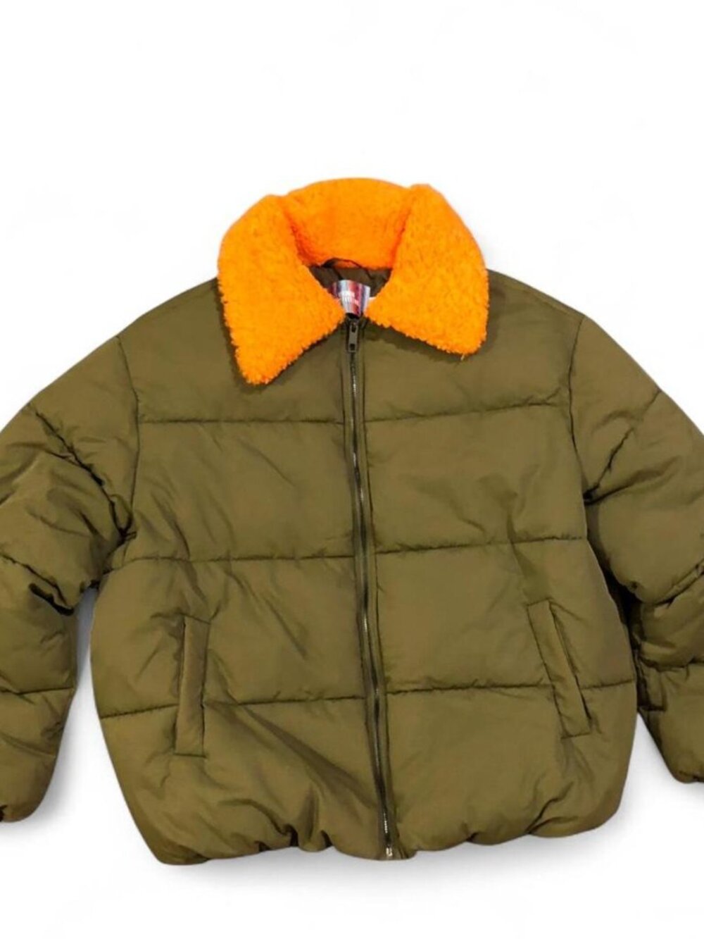Gorpcore Urban Outfitters Women’s M Olive Green Winter Puffer Jacket Orange Fur
